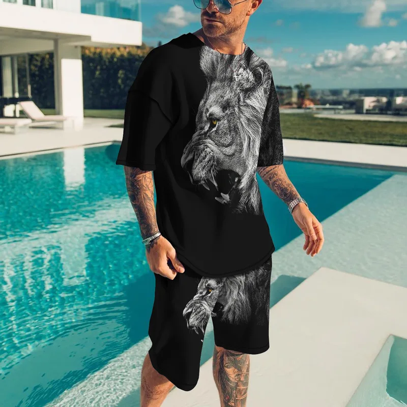 Men's Suit Summer T-shirt + Shorts Two-piece Set Loose Casual Lion Senior Printed Pattern New O-neck Tshirts Streetwear