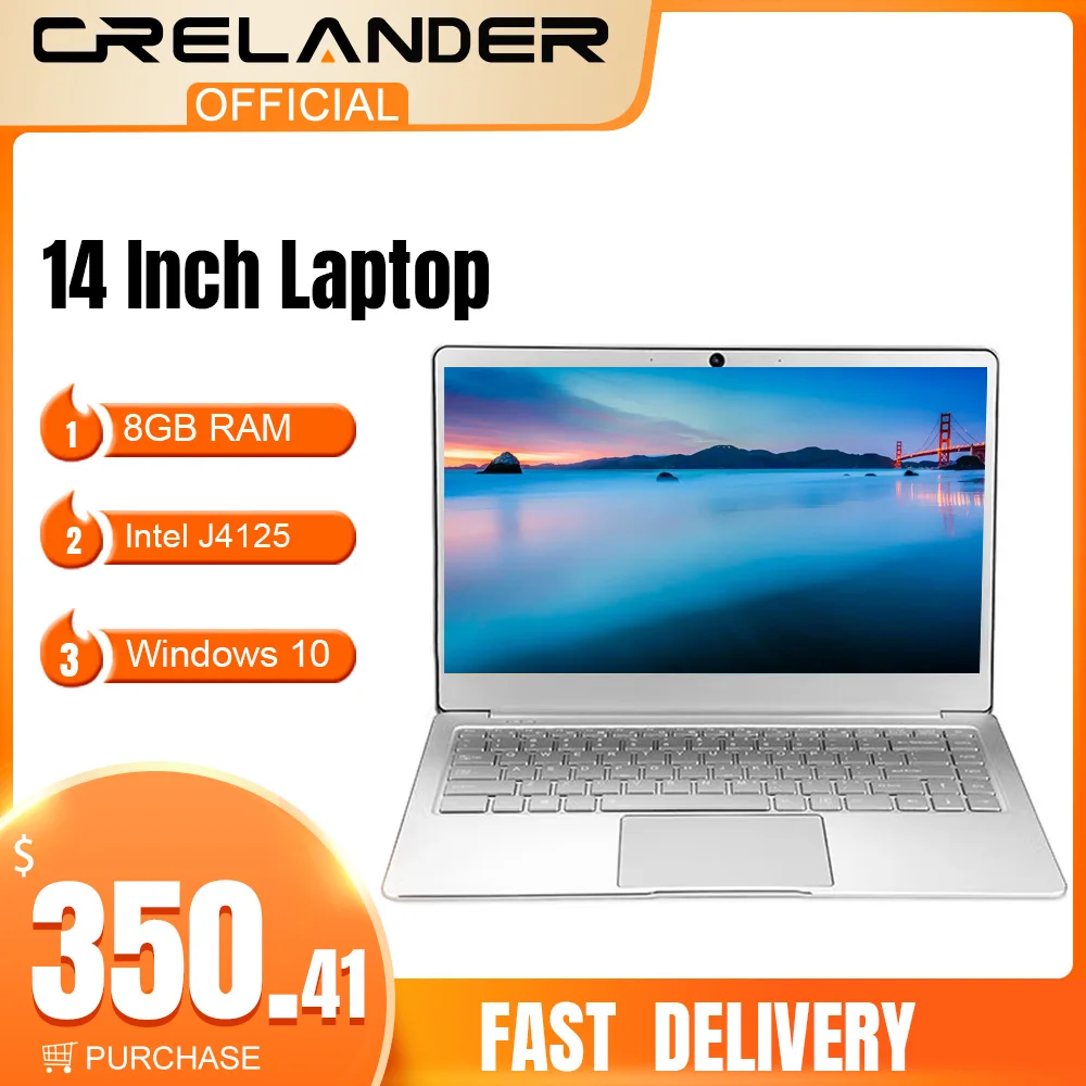 CRELANDER 14 Inch Laptop Intel J4125 Processor 8GB RAM 128GB 256GB 512GB SSD Windows 10 Metal Body Notebook Computer Portable PC