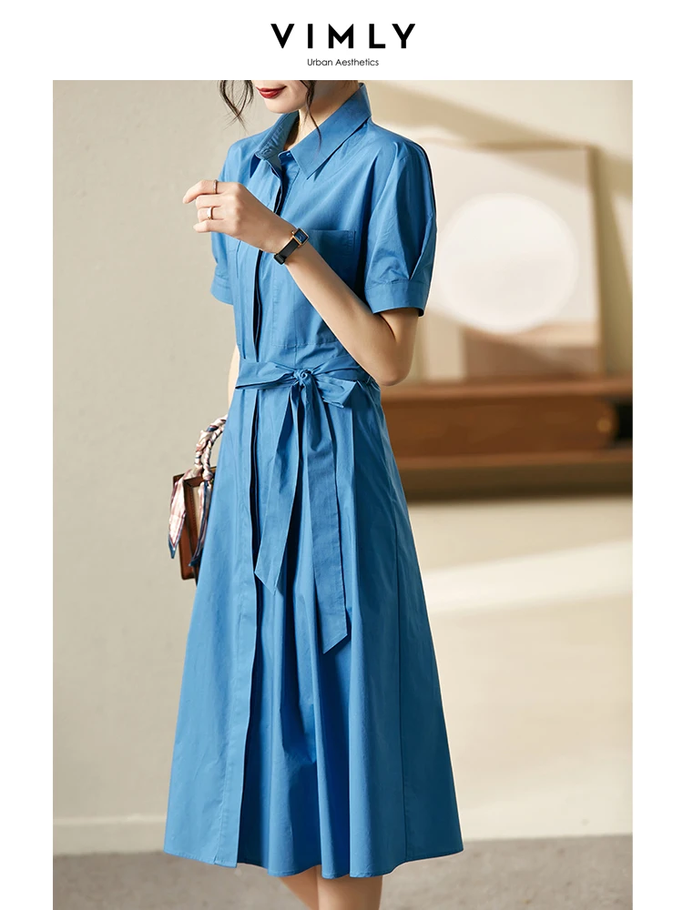 Vimly 100% Cotton Summer Shirt Dresses for Women 2023 Office Ladies Pockets Comfortable Belted Pleated Elegant Midi Dress V3316