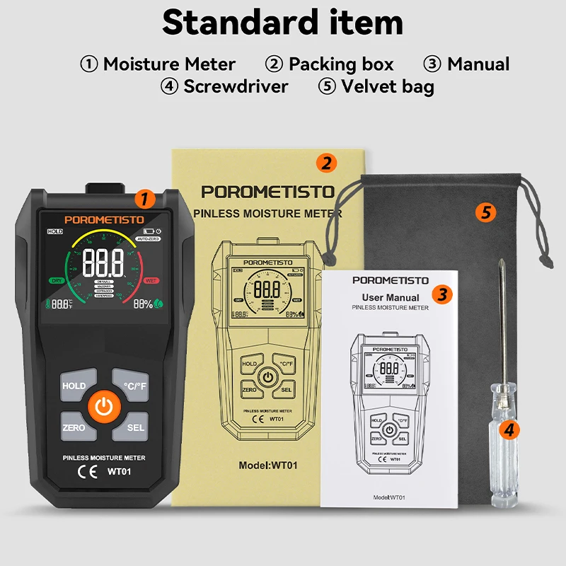 

POROMETISTO-WT01 Бесконтактный индуктивный измеритель влажности древесины и древесины Цветной экран Цифровой электромагнитный тестер влажности древесины