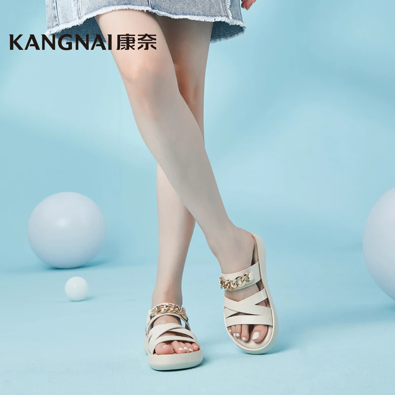 

Kangnai Casual Slippers Women Genuine Leather Narrow Band Outdoor Slides Female Shoes