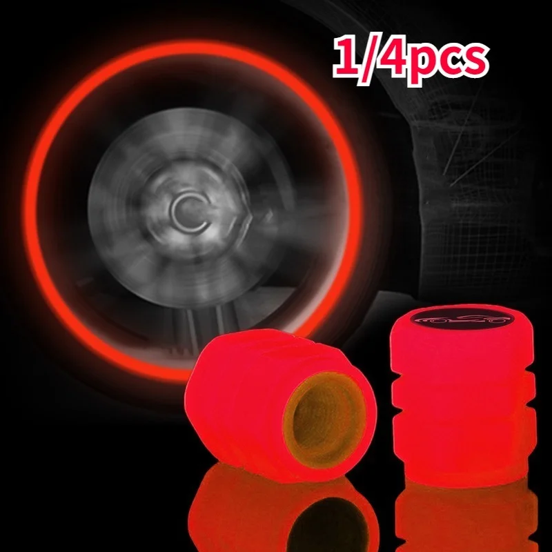 4pcs Luminous Car Tire Valve Cap Wheel Tyre Rim Stem Covers with Split Car Logo Fluorescent Red Auto Accesorios