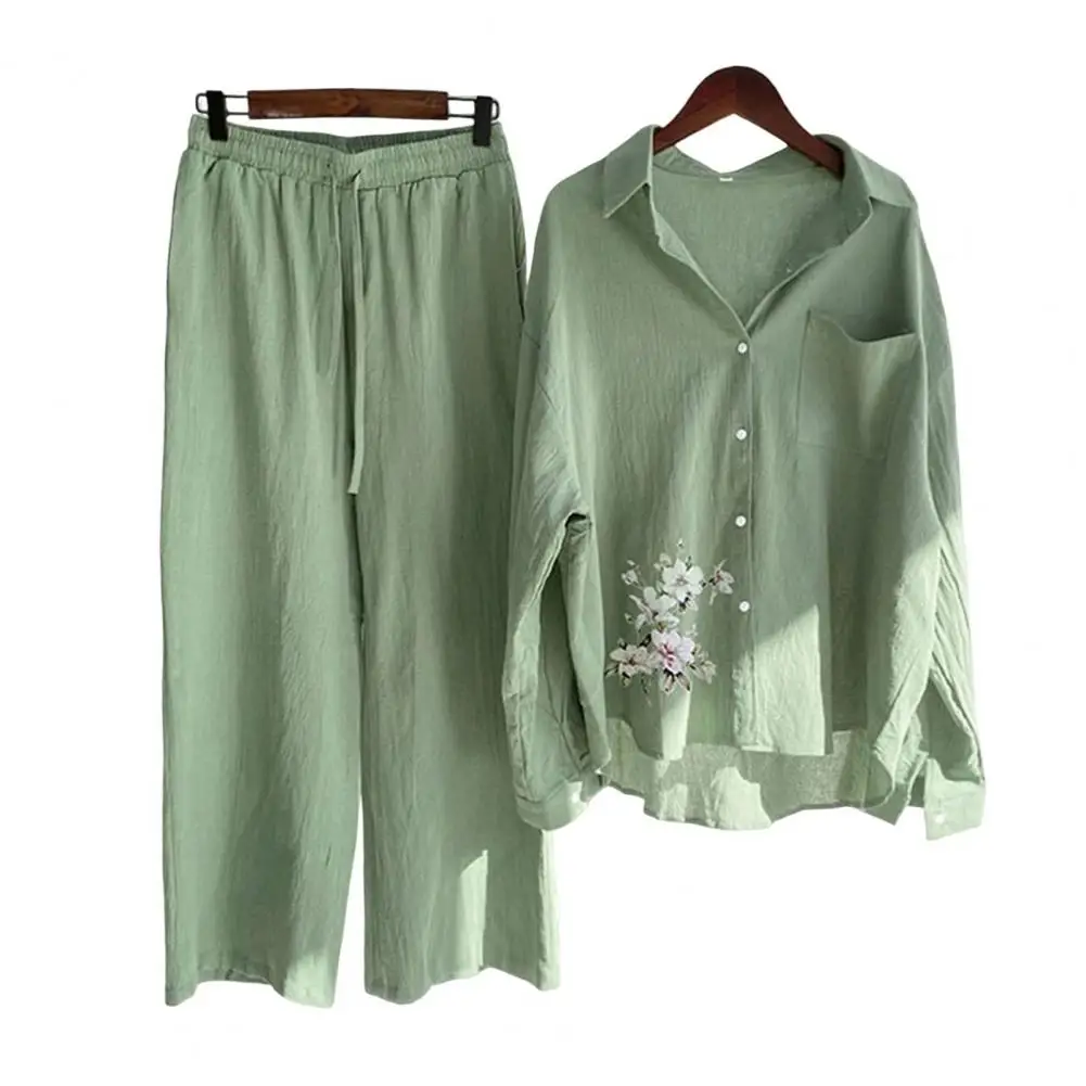 

Women Shirt Pants Suit Flower Print Women's Shirt Pants Set Stylish Turn-down Collar Pocketed Long Sleeve Drawstring Tracksuit