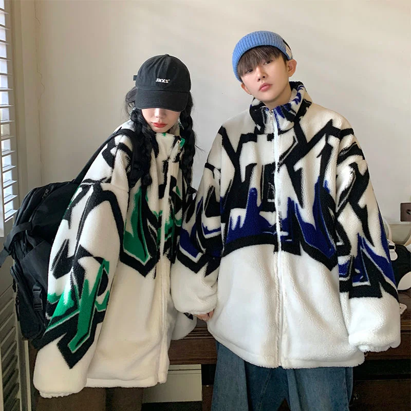 Winter Thick Jacket Men Warm Fashion Casual Printed Lamb Wool Coat Men Streetwear Loose Oversized Short Coat Men Clothes M-3XL