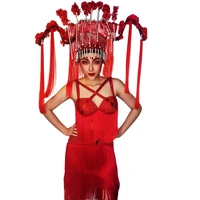 red tassel headdress sexy women spaghetti strap dress shining rhinestone sequins dance singer stage costume perform party wear