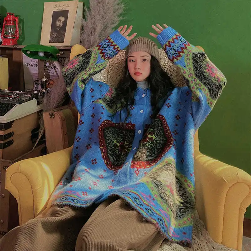 

Sweater Women Spring Autumn Winter Large Size Vintage Turn-down Collar Single Breasted Loose Full Print Cardigan Girls Coat