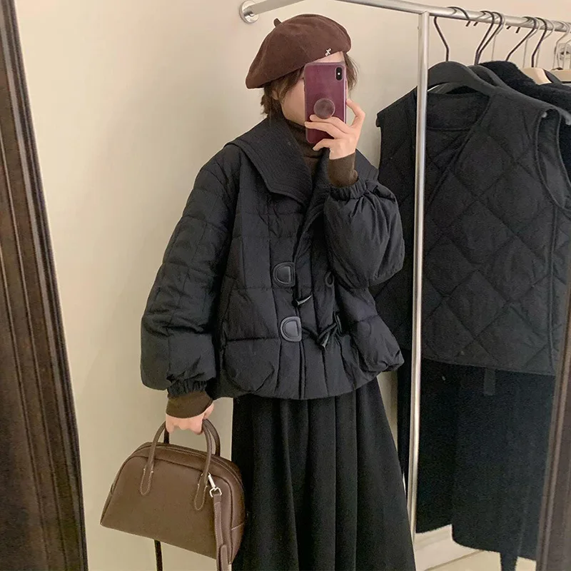 New Horn Button Down Jacket Women's Winter Lapel Thin Cotton Jacket Solid Color Sweet Thick White Eiderdown Warm Short Coat