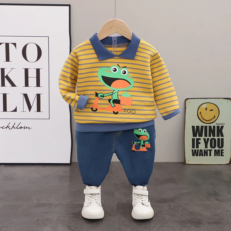 

Spring&Autumn Baby Toddler Boys Girls Clothes Suit Cartoon Frog Outfits Infant Striped Tops+Jeans 2Pcs Fashion Kids Clothes Set
