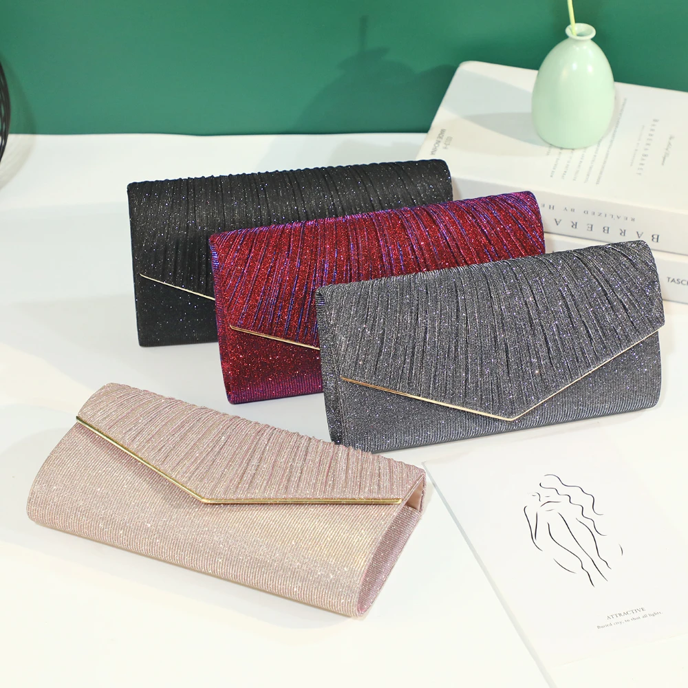 

Women Pleated Evening Bag Party Banquet Glitter Purse Lady Elegant Wedding Clutches Handbag Female Cocktail Chain Shoulder Bag