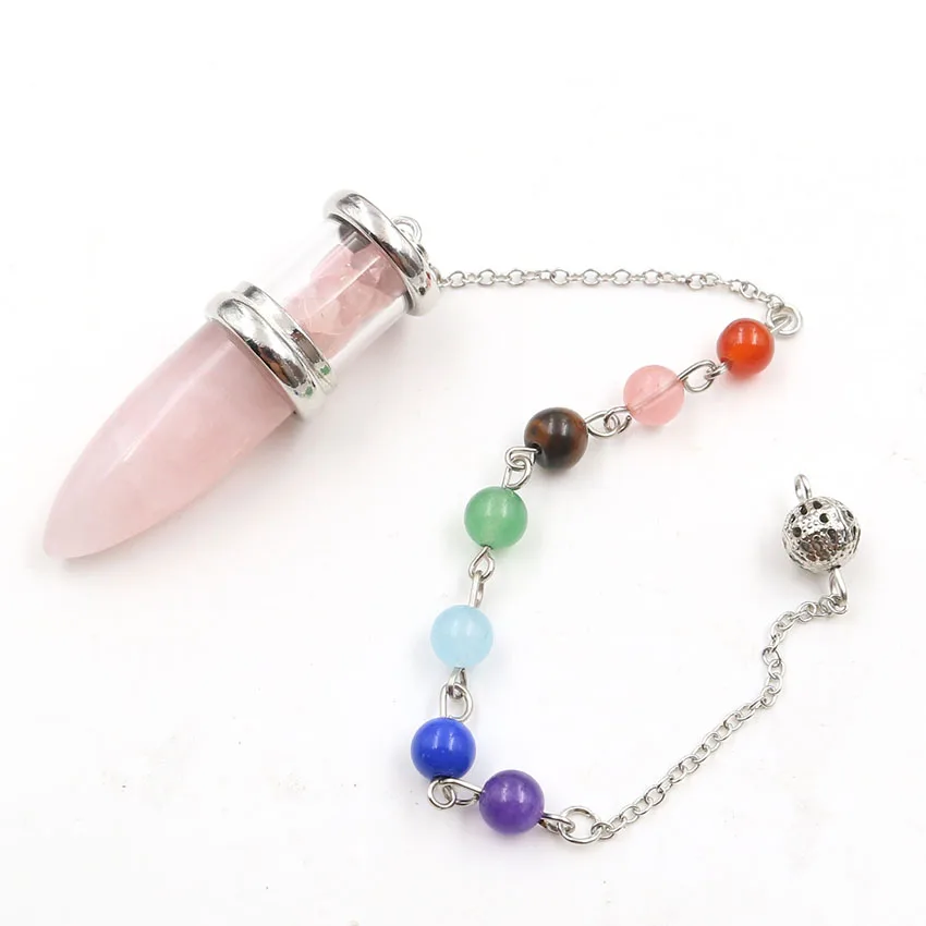 Natural Stone Bullet Pendulum for Dowsing Cone Shape Pendant 7 Chakra Chain for Divination Wishing Bottle Pendule Jewelry