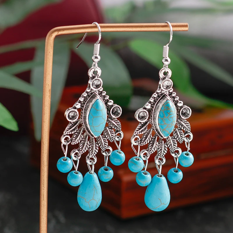 

Tenande Vintage Bohemian Multiple Leaves Drop Earrings Natural Stone Beads Water Droplets Tassel Dangle Earrings for Women