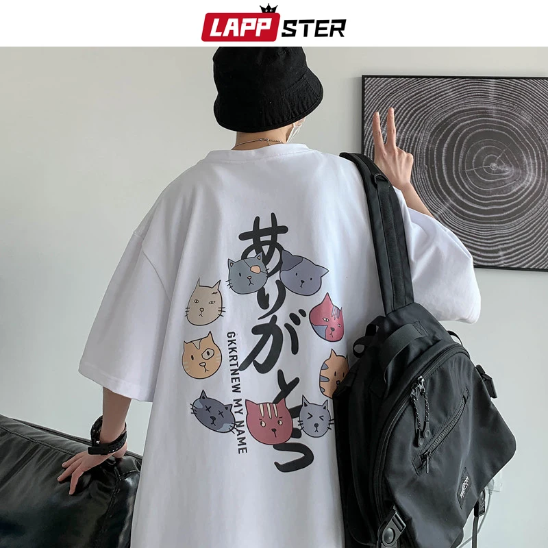 LAPPSTER Cat Cotton Korean Fashions Tshirts Graphic Summer 2022 Kawaii Harajuku Oversized T Shirt Casual White Vintage Tops Tees