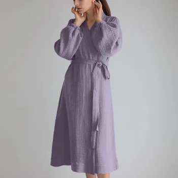 2023 Solid Color Sleepwear Women's Robe Puff Sleeves Bathrobe Female Nightwear Cotton Robes Women Home Wear Spring Loungewear