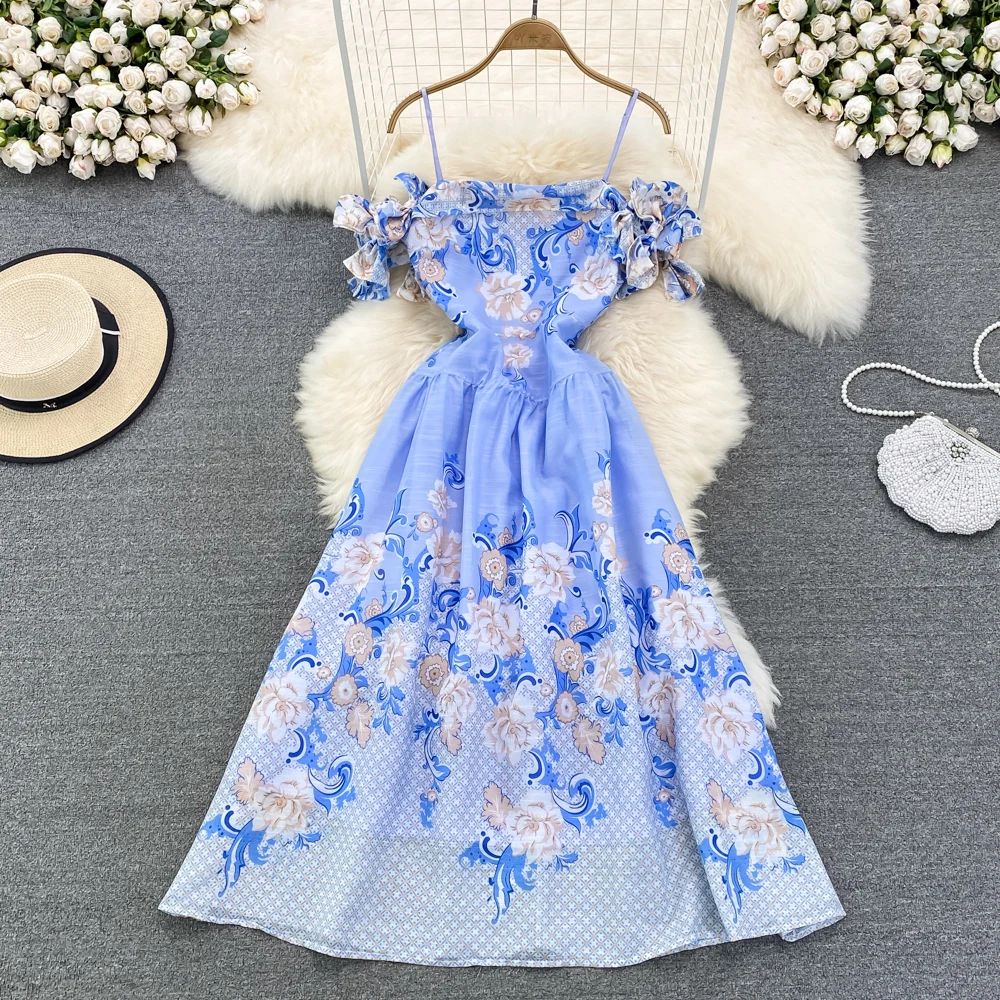 

Summer Women's Dress Elegant Floral Off Shoulder Strap Midi Vestido Slim High Waist Bow Beach Party Dress 2022 New Fanshion