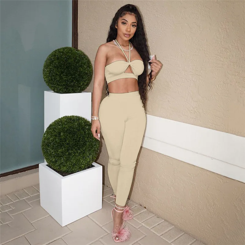 

Twist Solid Tracksuit Women Sexy Halter Lace Up Cut Out Crop Top + Leggings Skinny Club Two Piece Set Lounge Wear Sport Outfits