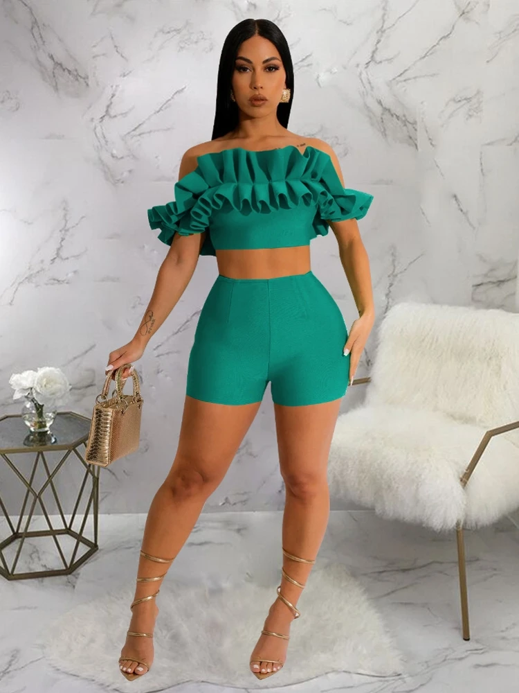 

2 Piece Women Sets New Arrival Spring Summer Matching Sets Off Shoulder Tops Two Pieces Sets Top Shorts Suits Outfits Clothing