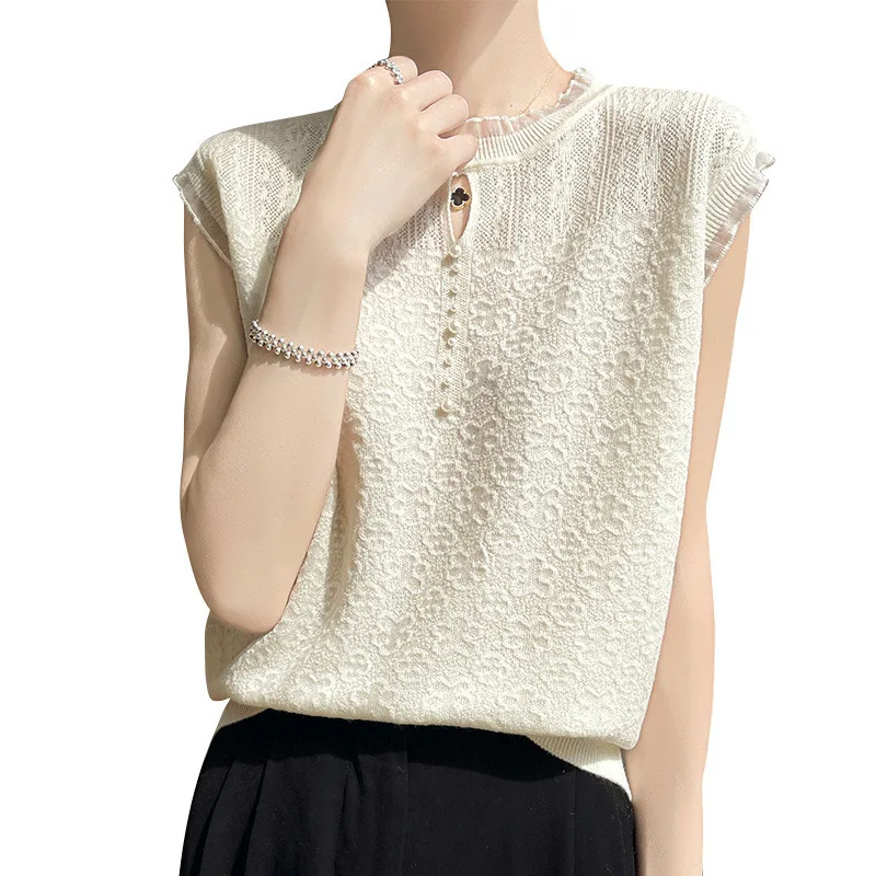 Милый нежный женский камвольный шерстяной топ французский кружевной пуловер с