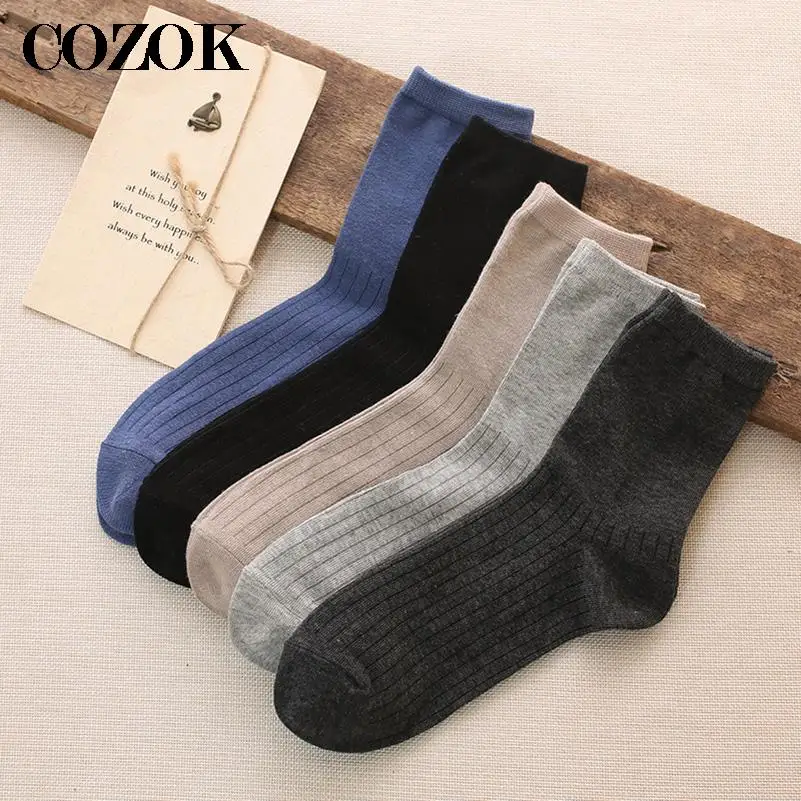 

5 Pairs Mens Socks 2022 New Fashion Striped Combed Cotton Men Crew Socks Breathable Antibacterial Solid Dress Socks High Quality