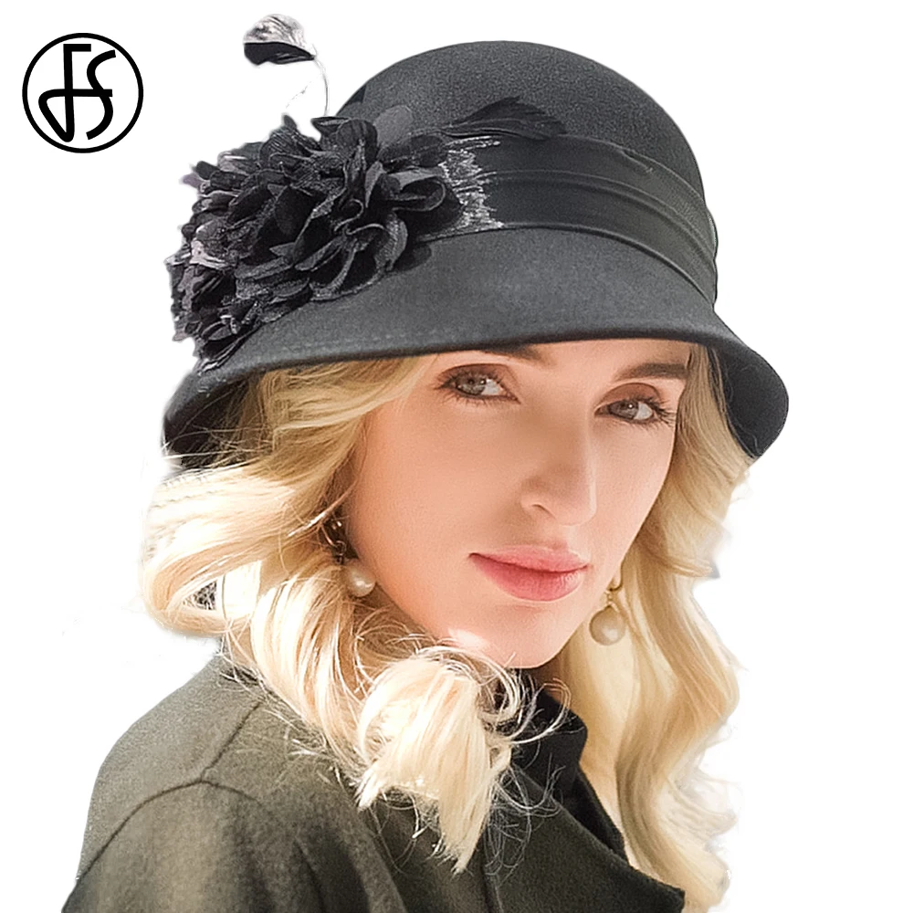 

FS Wool Felt Dome Top Hats For Women Black Fedora British Fashion Basin Hat Winter Ladies With Flower Elegant Church Bowler Cap