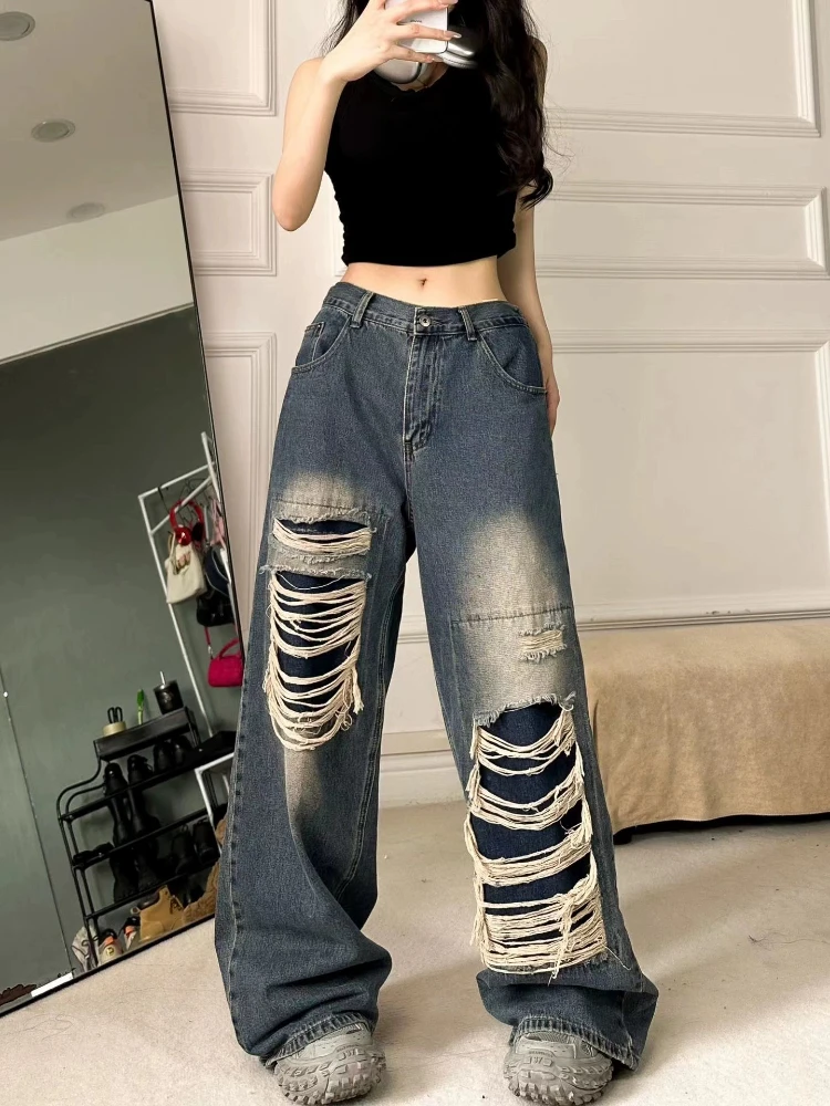 ADAgirl Blue Vintage Ripped Jeans for Women Streetwear Loose Hip Hop Straight Wide Leg Denim Trousers Y2k Causal Pants Harajuku
