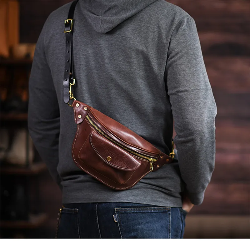 Fashion vintage high quality crazy horse cowhide men's small chest bag daily outdoor sports genuine leather teens crossbody bag