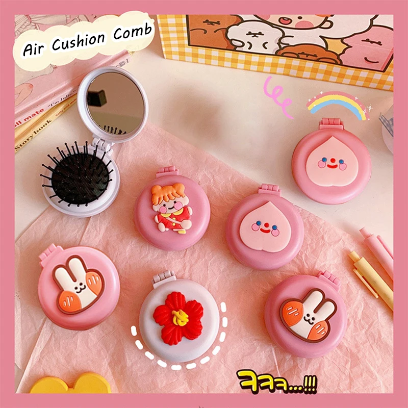 

Cute Cartoon Soft Single-Sided Portable Makeup Massage Hair Brush Comb With Girl Folding Round Mini Pocket Mirror 6.5*7.2cm