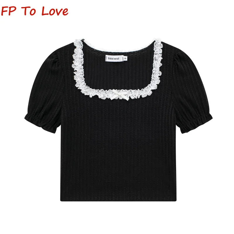 

OOTD 2023 Sweet Spice Slim Bubble Sleeve Tops Square Neck Lace Trim Bow Short Sleeve Tee Women's Chic