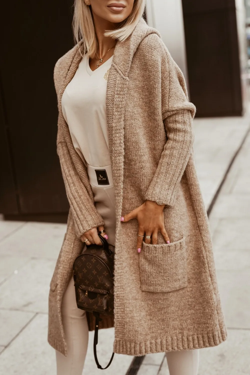 

Осень-зима 2023, новинка, кардиган с отворотом, длинное шерстяное свободное вязаное пальто с капюшоном и надписью