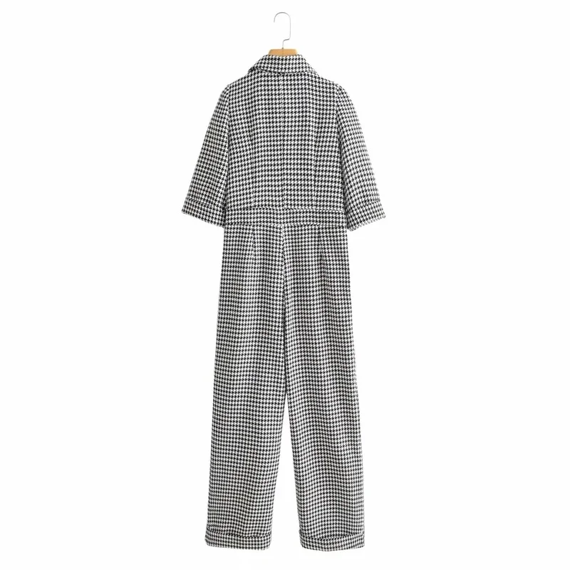 Plaid Wide Leg Knitted Jumpsuit Women's Winter Chic Zipper 3/4 Sleeve Pocket Jumpsuit Workwear Plaid 2023 New Fashion