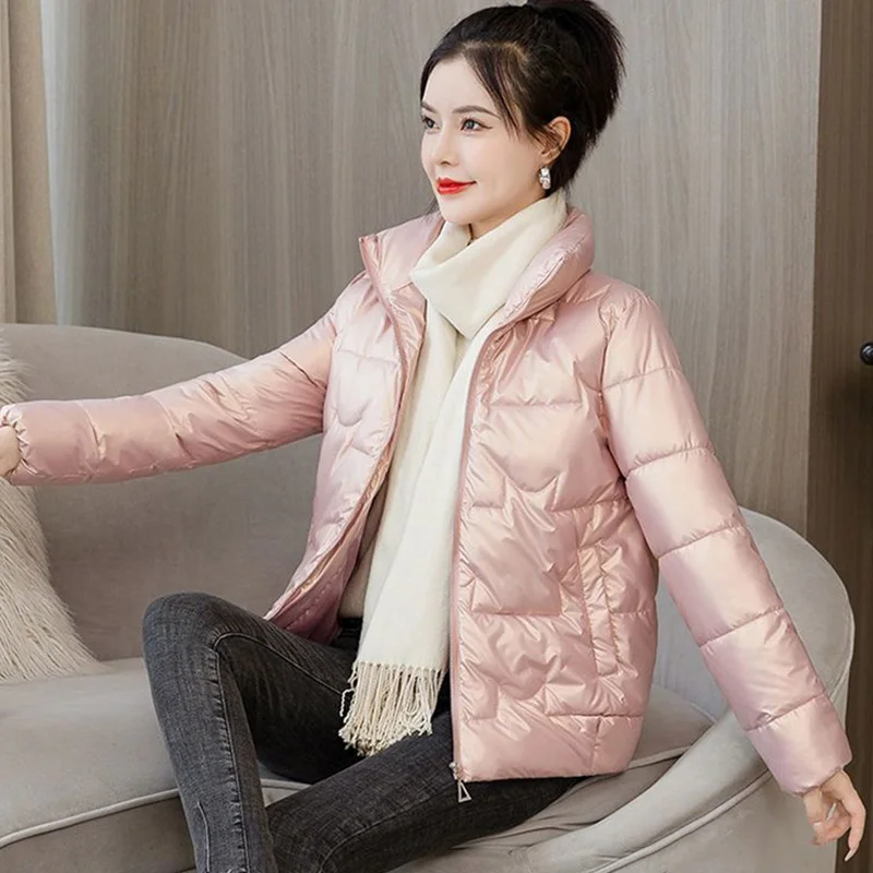 Winter Warm Thick Stand Up Down Coats Women Black White Short Down Jacket Elegant Long Sleeves Zipper Clothes Outwear Female