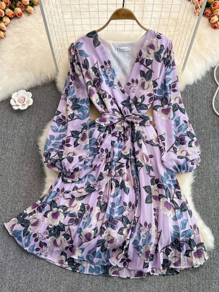 

Hikigawa Chic Fashion Woman Dress Vintage Elegant V Neck Long Sleeve Slim Waist Dresses For Women Floral Printed Vestidos Mujer