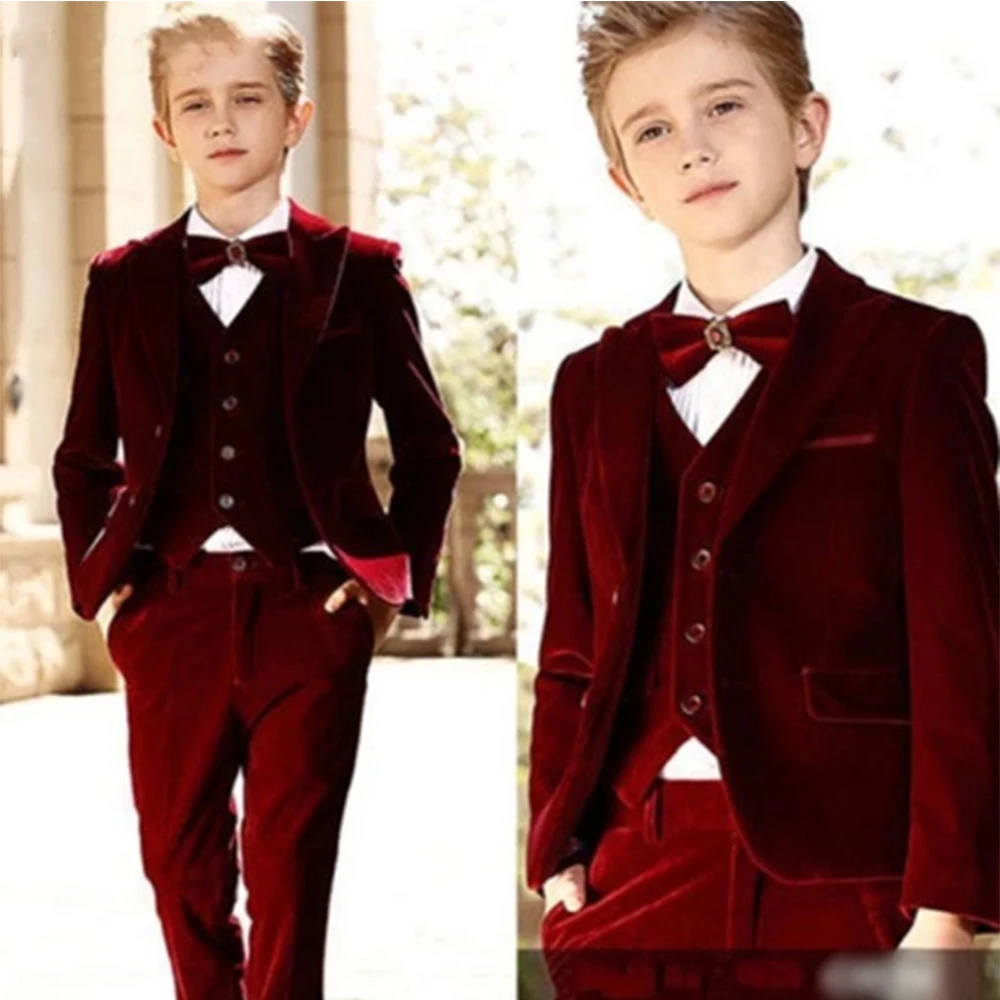 Latest Velvet Kids Children Attire Wedding Blazer Formal Wear Suit Boy Birthday Party Business Suit 3 Pieces Jacket Pant Vest