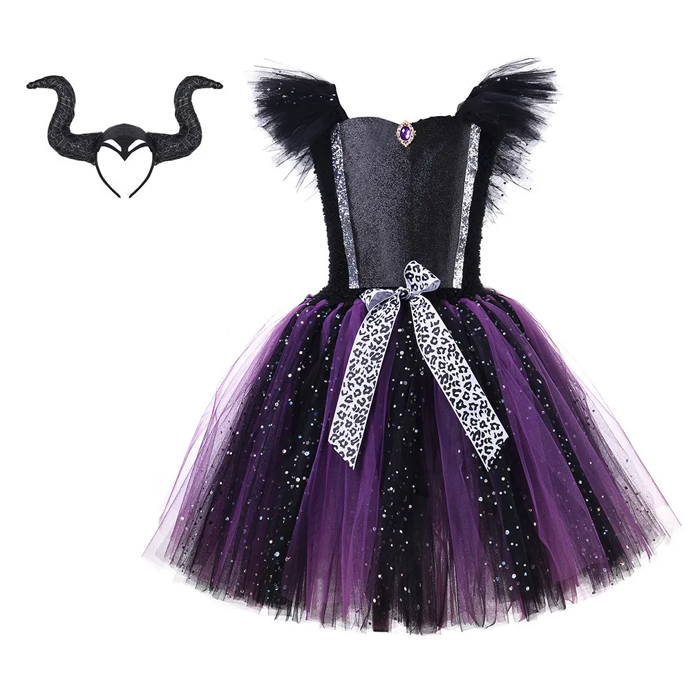 

Костюмы на Хэллоуин Disney 2022, черная ведьма, демон, персонаж, играющее платье, Карнавальные Платья для дня рождения, костюм для девочки
