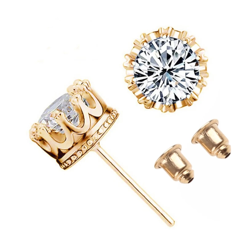

2Pcs Gold Silver Crown Claw Stud Earrings Round Diamond Stud Earrings Fashionable Sweet and Versatile Stud Earrings