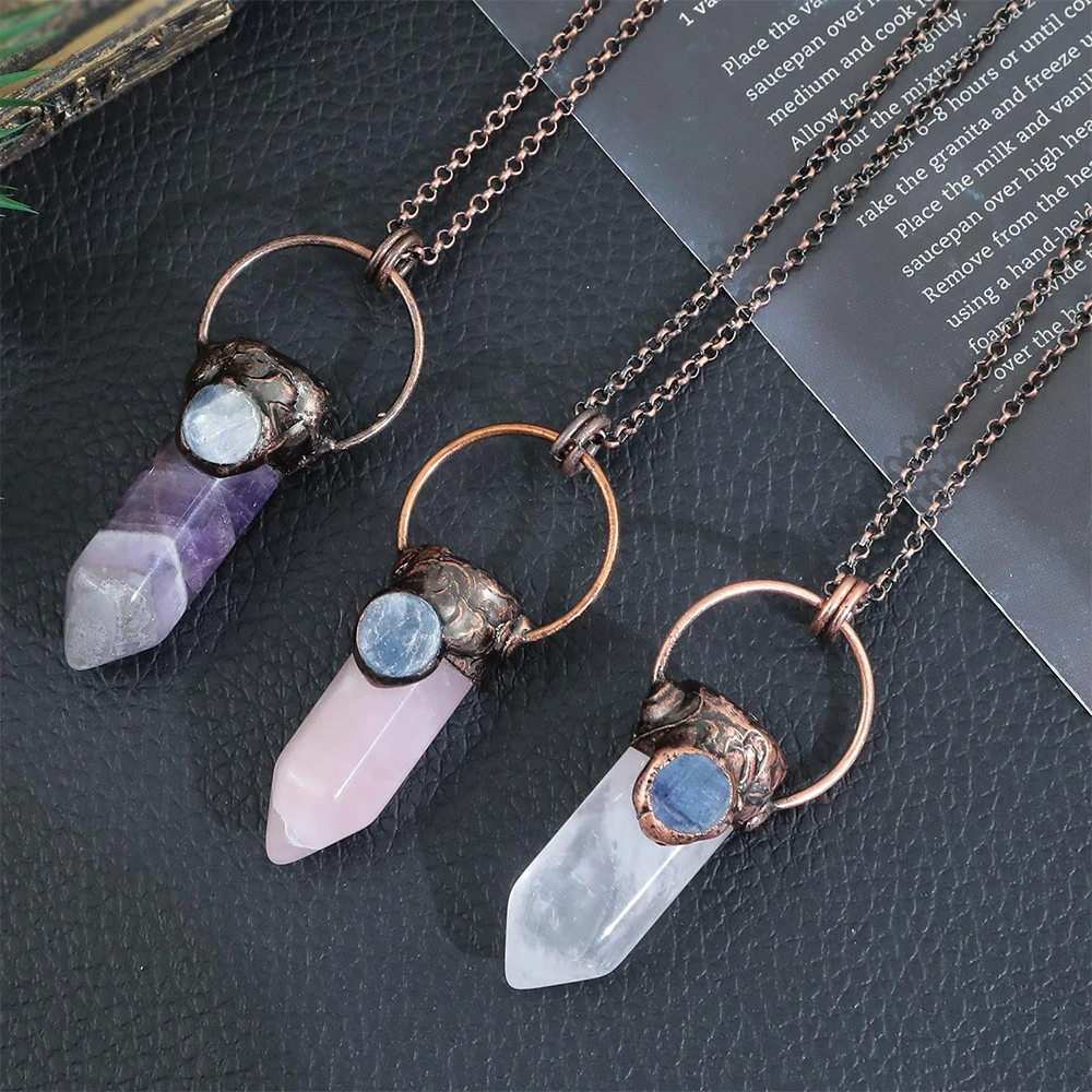 

Mineraali Natural Amethyst Blue Crystal Rose Quartz Hexagonal Pointed Metal Retro Pendant Health Energy Gem for Necklace Jewelry