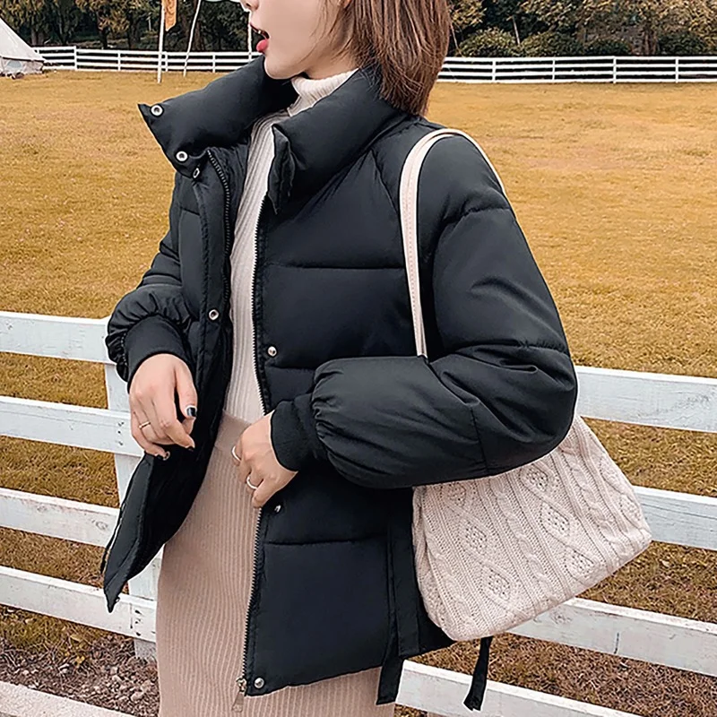 Women Winter Stand Collar Cotton Coats Pocket Zipper Button Overcoat Warm Thick Bread Jacket Solid Color Long-Sleeve Outerwear