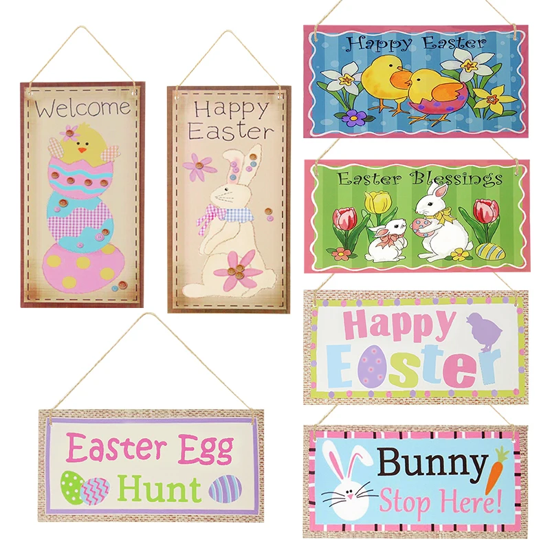 

1piece Happy Easter Color Cartoon Rabbit Chicken Wooden Door Pendant Children's Holiday Party DIY Home Decoration Accessories