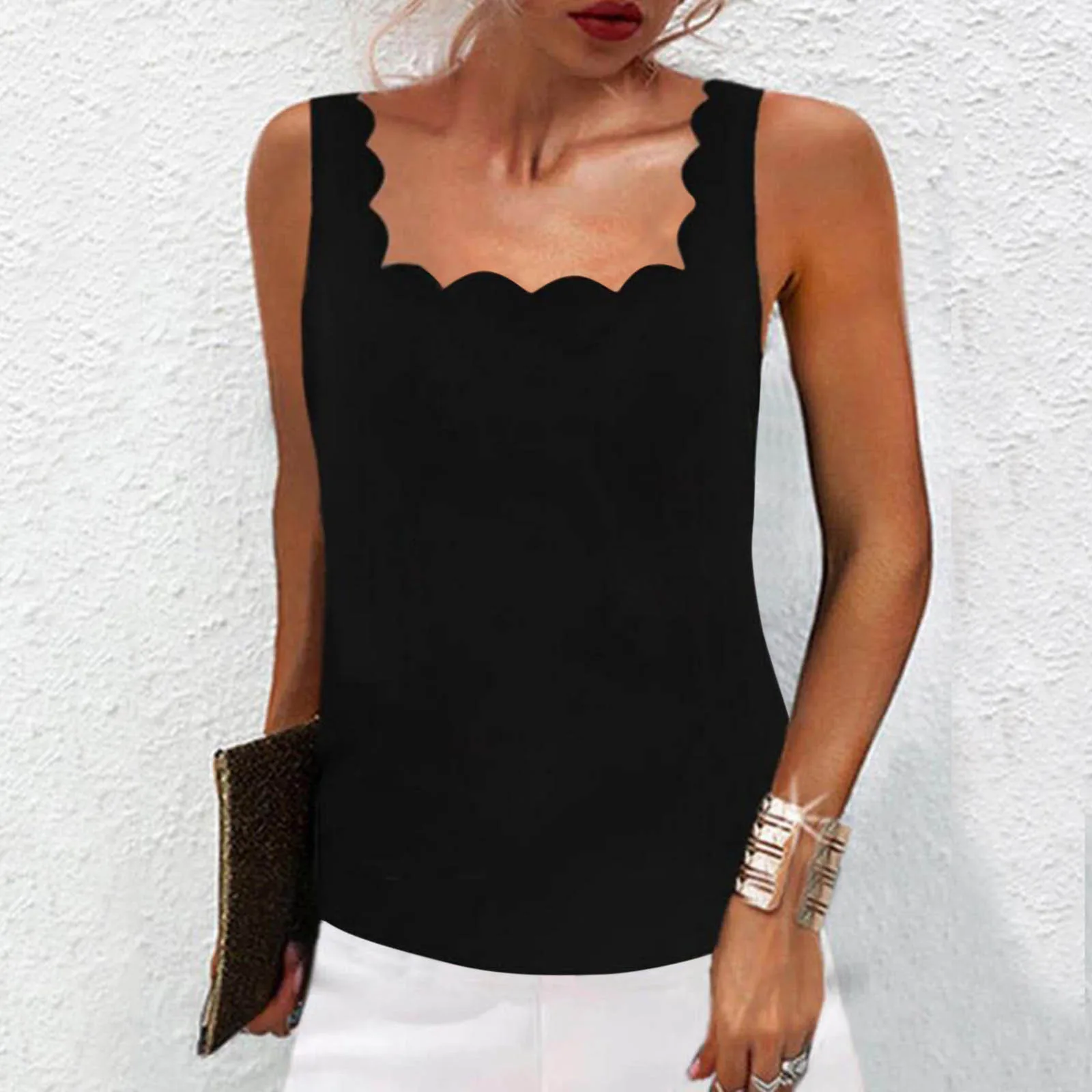 

Топ женский компрессионный с квадратным вырезом, Повседневная рубашка без рукавов, кружевной однотонный черный топ с широкими плечами, на л...