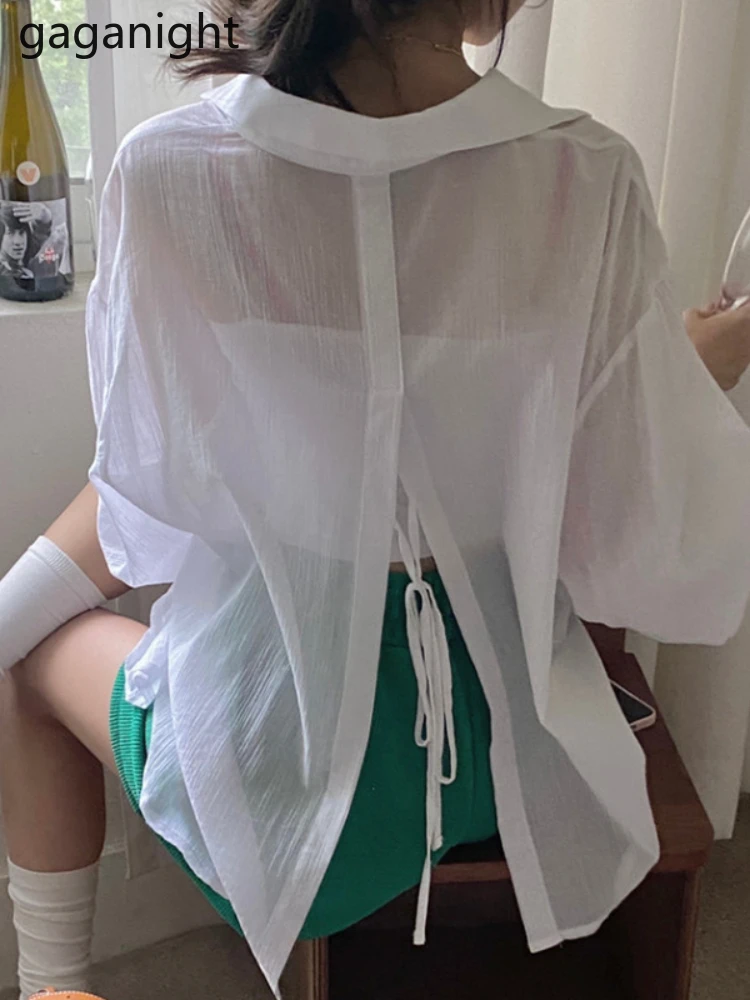 Gaganight женская рубашка с отворотом и кружевом на спине модель 2023 года корейский