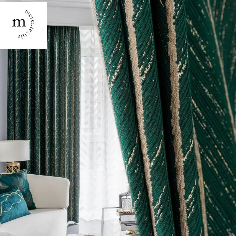 

Modern American Style Luxury Curtains for Living Room Bedroom Dining Gold Lines Fishbone Pattern Jacquard Blackout Custom Size