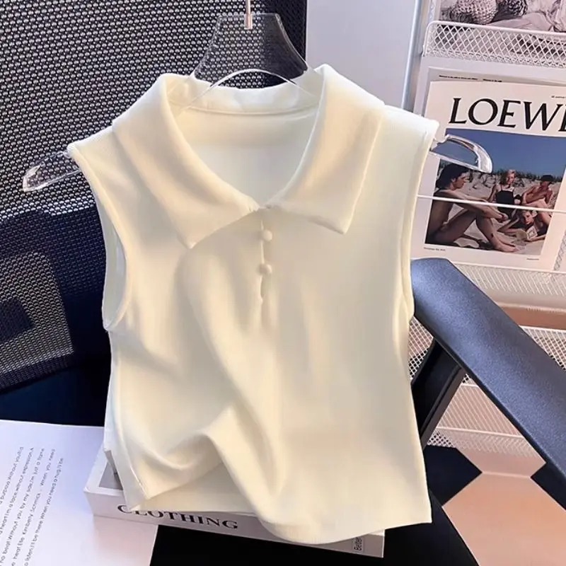 

White Polo Collar Vest Small Suspender Women's Summer Small Short Sleeveless Inner with Bottom Studded Beaded Outer Top