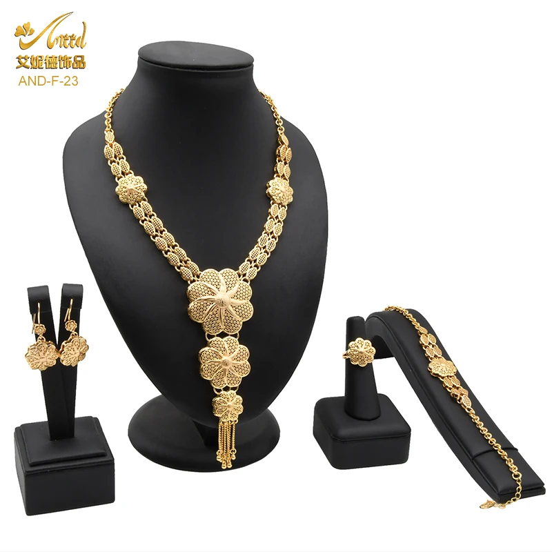 African Fine Jewelry Sets Gold Color Necklaces & Earrings Set Indian Bracelet Rings For Women Dubai Nigerian Wedding Gifts