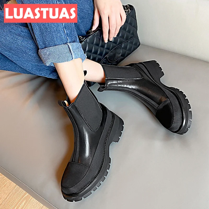 

LuasTuas Size 33-40 Ankle Boots For Women Real Leather Patchwork Winter Shoes Woman Ins Hot Chunky Short Boots Ladies Footwear