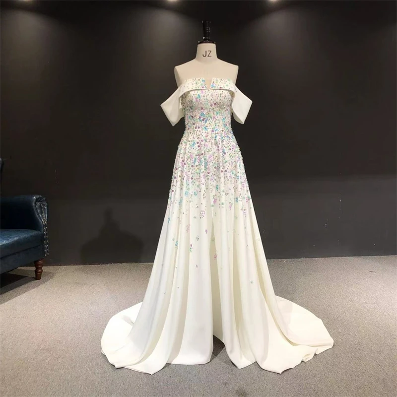 

100%Real Photo فستان سهرة Ivory Heavy Beads Luxurious Off the Shoulder Formal Prom robe de soirée Evening Dress vestido de noche
