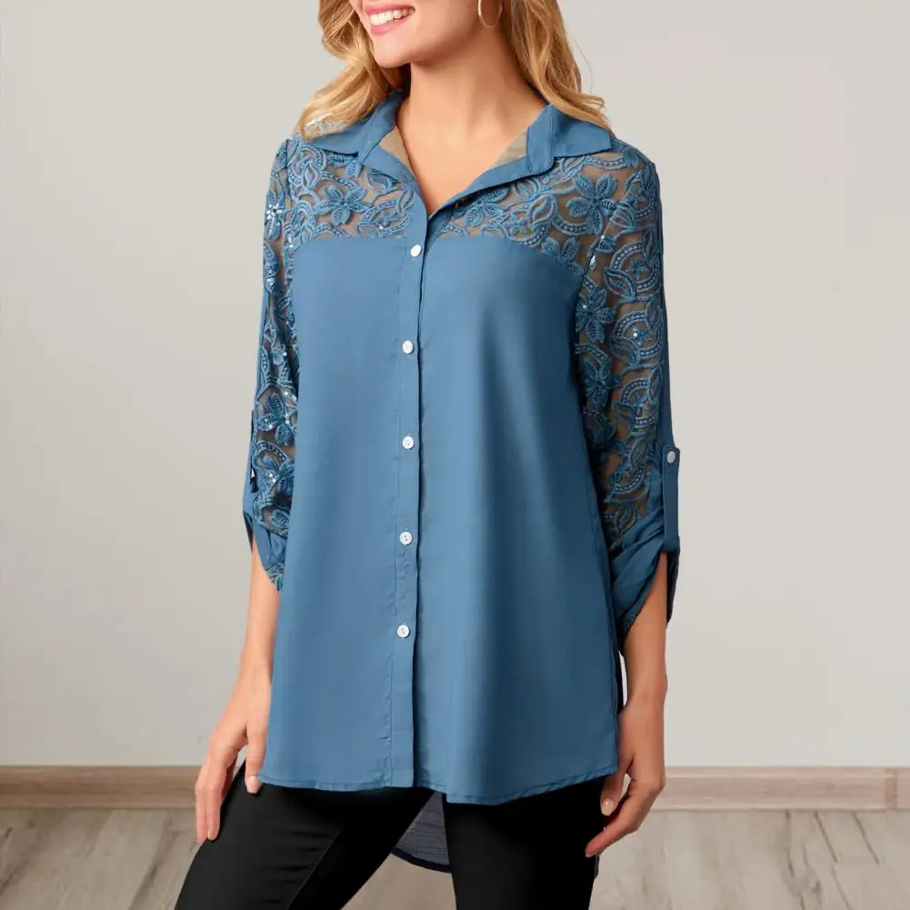 

Women Shirt Lace Flower Embroidery Long Sleeve Loose Lapel Mid Length Solid Color Patchwork Lady Blouse blusa mujer moda 2023