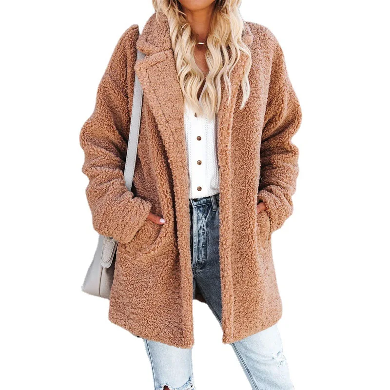 

Autumn Winter 2022 Women's Thickened Lamb Cotton Jacket Women's Loose Women's Cotton Jacket Lapel Medium Long Fleece Coat