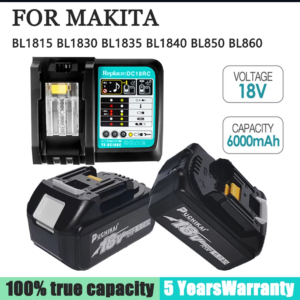 

Makita 18V Battery 6000mAh Rechargeable Power Tools Battery with LED Li-ion Replacement LXT BL1860B BL1860 BL1850 3A LED Charger