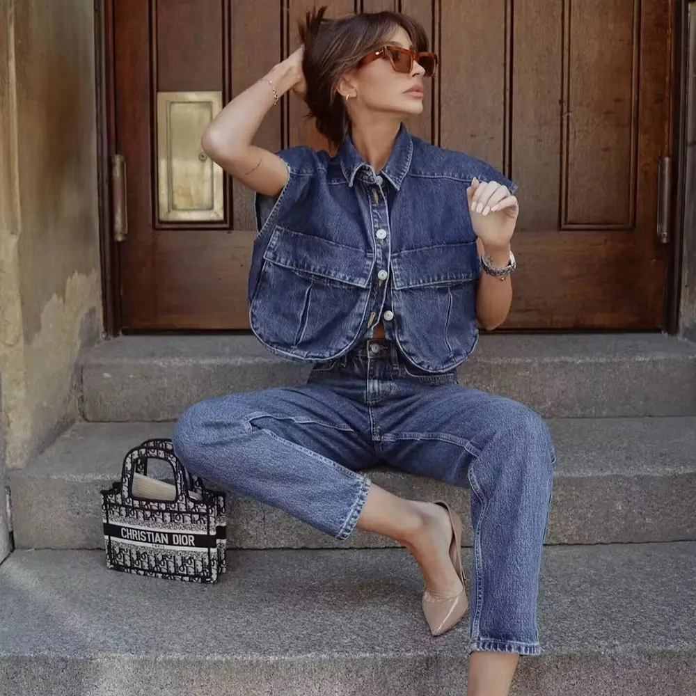 Женская Мода Однотонный Короткий Джинсовый Жилет DUOPERI Повседневный Топ С Двумя