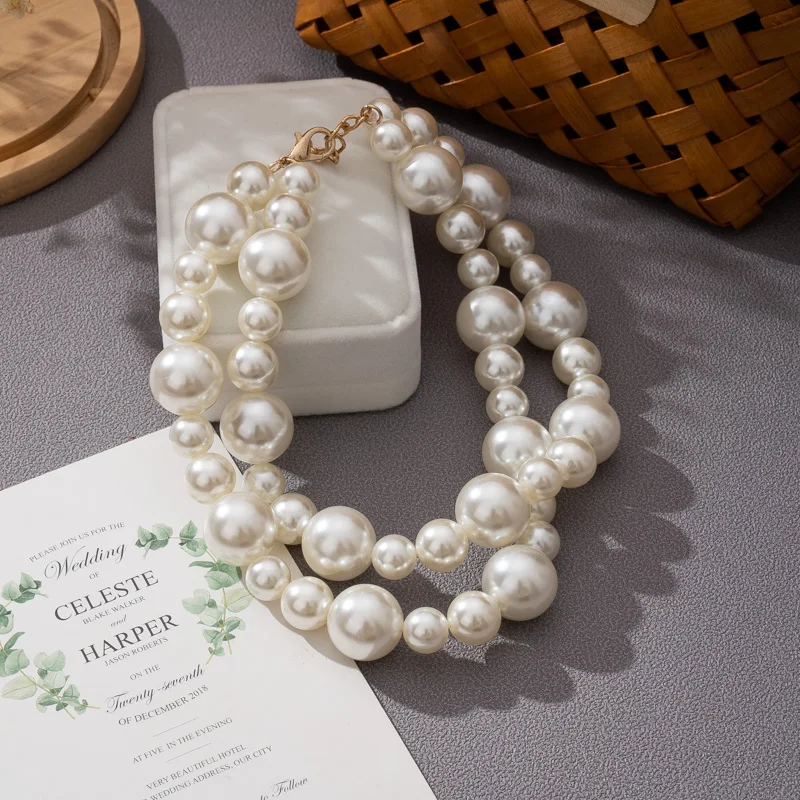 

Women's Double Strand Classic Simulated Pearl Necklace and Earring Jewelry Set Round Imitation White Pearl Choker Wedding Bride