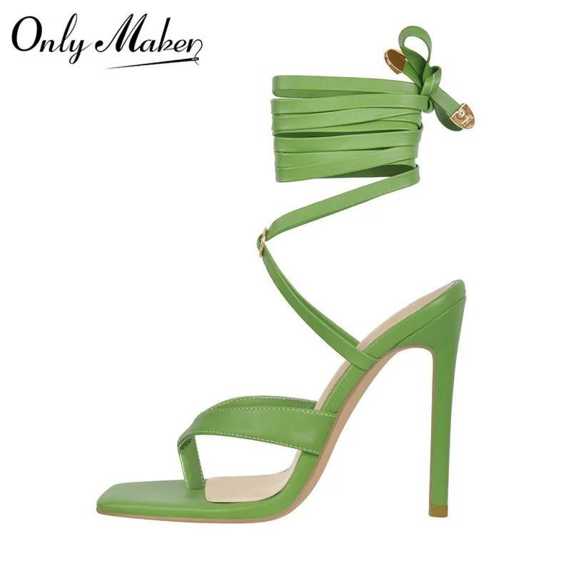 

Onlymaker Brand Women Green Cross-tied Sandals Peep Toe Ankle Buckle Thin High Heels Lace Up Summer Sandals